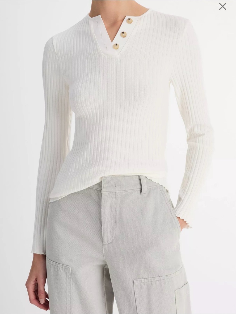 VINCE Ribbed Cotton Blend Knit Long Sleeve Henley Shirt Off White Size Small
